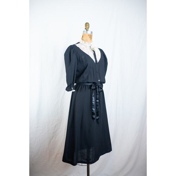 Vintage 70s Victorian Goth Black Dress, Romantic Lace Gothic Witchy Academia, S - Picture 1 of 13